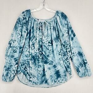 Jennifer Lopez Blouse Women s Size L Light Blue Long Sleeve Floral Tie Neck